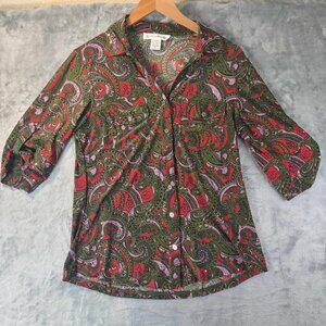 Rebecca Malone Paisley Button Top S Retro Stretch Art to Wear Statement Top